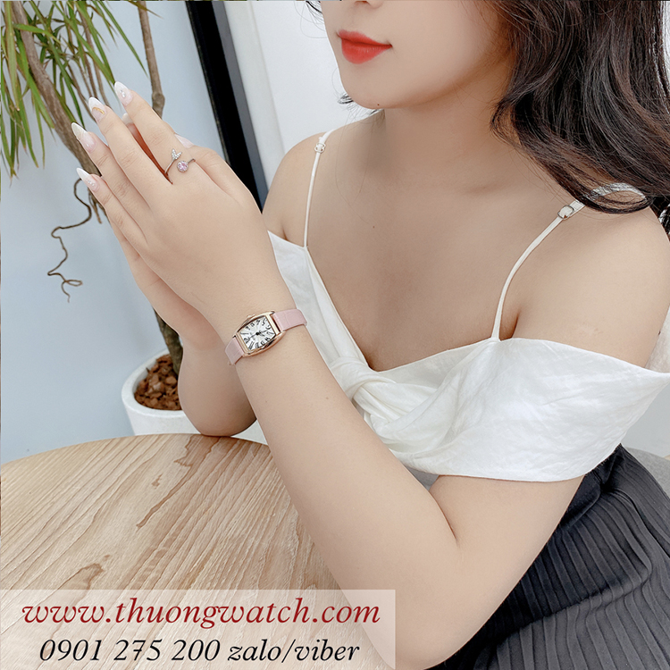 Đồng hồ nữ Julius JA 1334A dây da mặt chữ nhật oval size nhỏ hồng pastel ĐHĐ41202