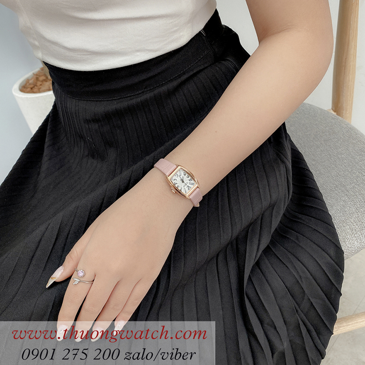 Đồng hồ nữ Julius JA 1334A dây da mặt chữ nhật oval size nhỏ hồng pastel ĐHĐ41202