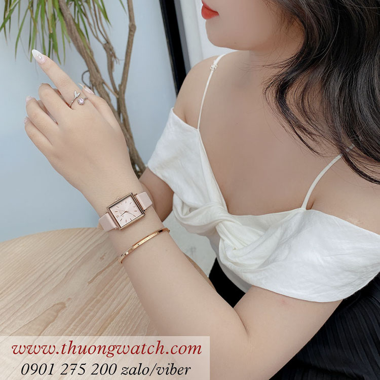 Đồng hồ nữ Julius JA 1335A dây da mặt chữ nhật hồng pastel nhẹ nhàng ĐHĐ41003