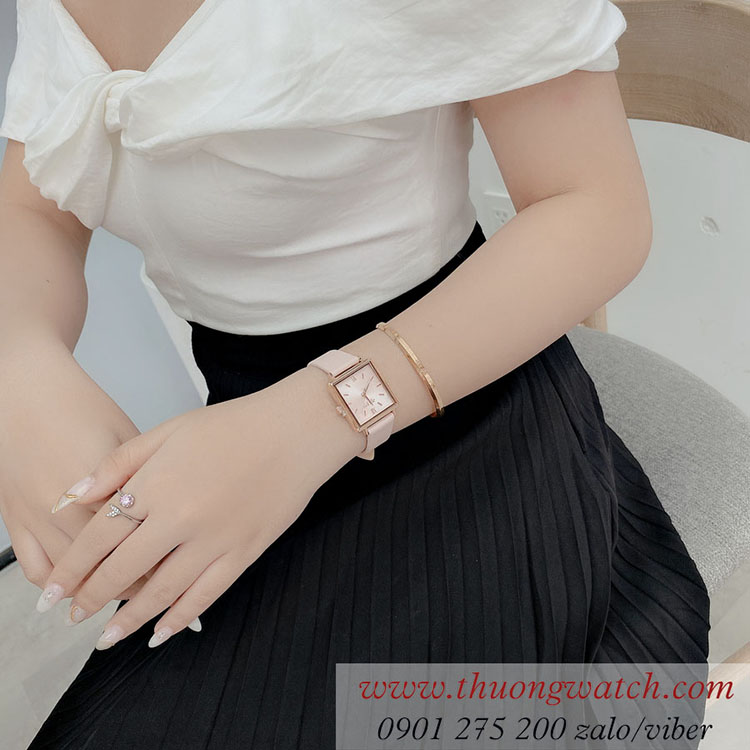 Đồng hồ nữ Julius JA 1335A dây da mặt chữ nhật hồng pastel nhẹ nhàng ĐHĐ41003
