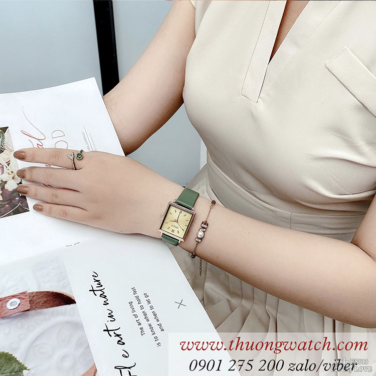 Đồng hồ nữ Julius JA 1335B dây da mặt chữ nhật xanh rêu sành điệu ĐHĐ41004