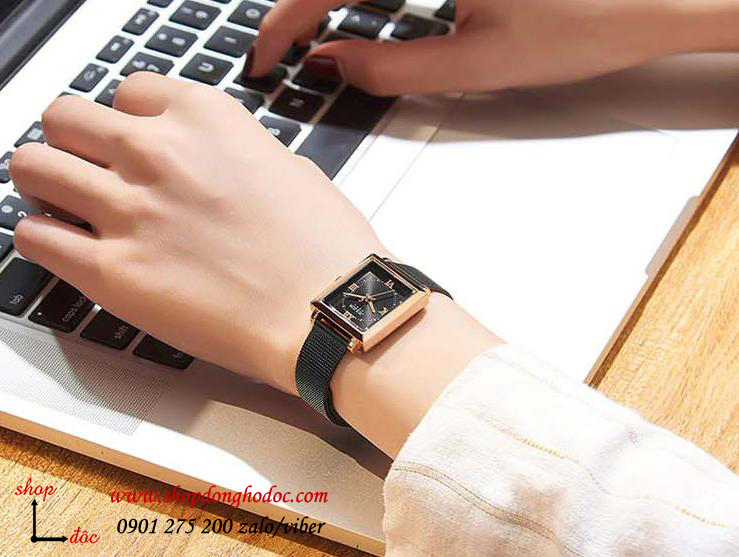 Đồng hồ nữ dây kim loại lưới mặt chữ nhật đen quý phái Julius 1202 ĐHĐ25004