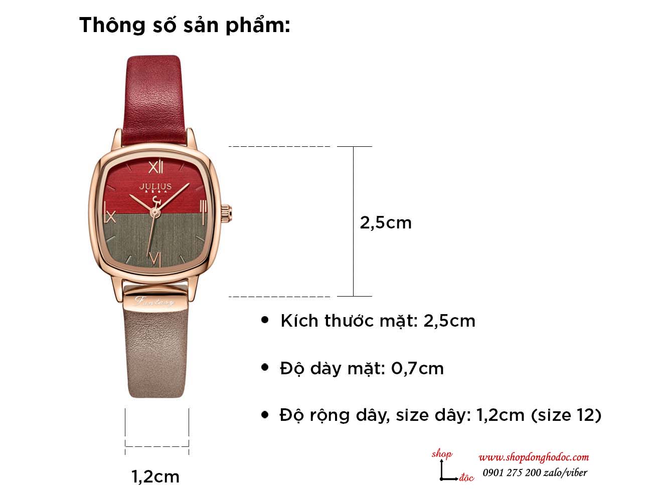 Đồng hồ nữ dây da mặt vuông size nhỏ đỏ quyến rũ Julius 1240 ĐHĐ27504