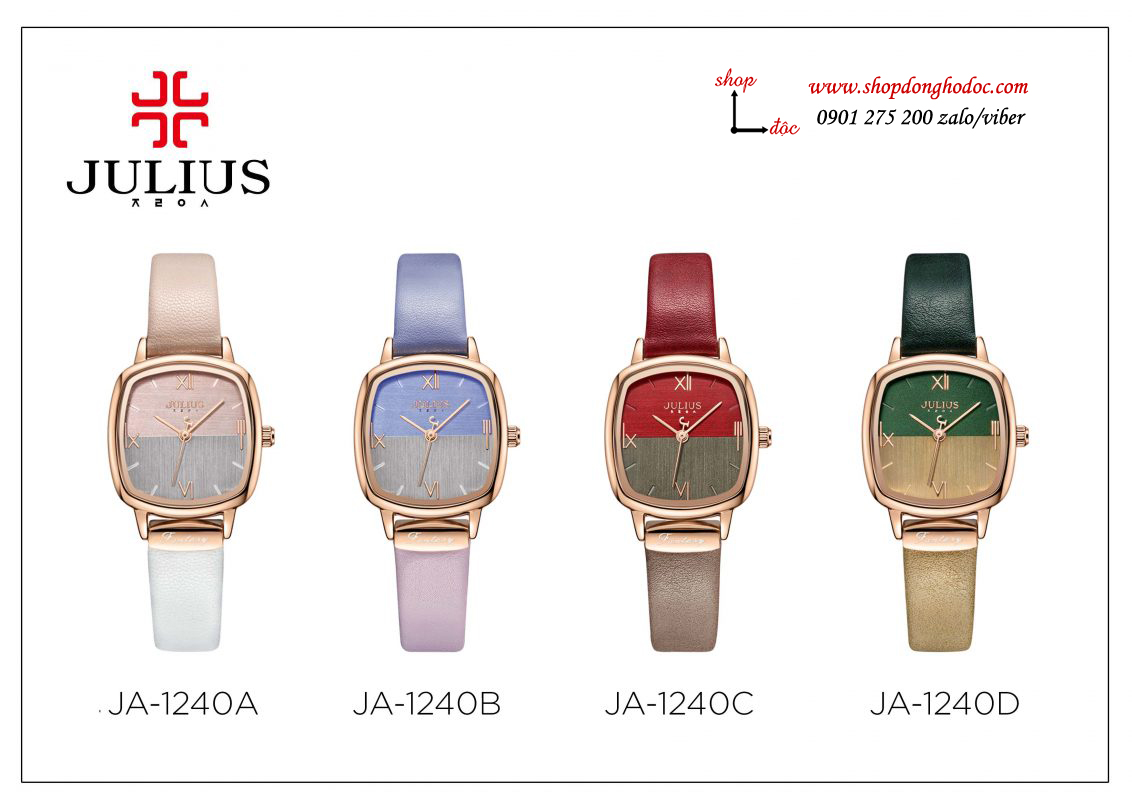 Bộ sưu tập 5 màu đồng hồ nữ dây da mặt vuông size nhỏ Julius 1240