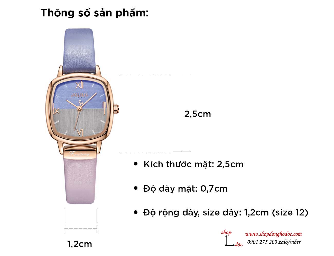 Đồng hồ nữ dây da mặt vuông size nhỏ tím sành điệu Julius 1240 ĐHĐ27503