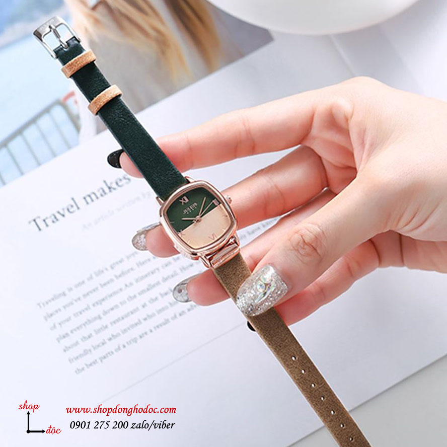Đồng hồ nữ dây da mặt vuông size nhỏ xanh lục cá tính Julius 1240 ĐHĐ27501