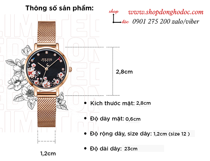 Đồng hồ nữ Julius JA 1164LG dây kim loại lưới mặt tròn hoa sang chảnh ĐHĐ27801