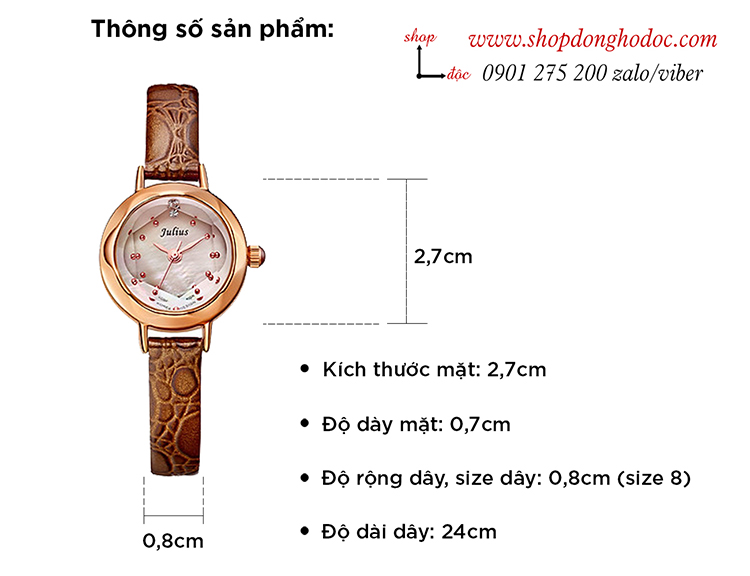Đồng hồ nữ Hàn Quốc Julius JA 482B dây da mặt tròn size nhỏ nâu tây sang chảnh ĐHĐ30802