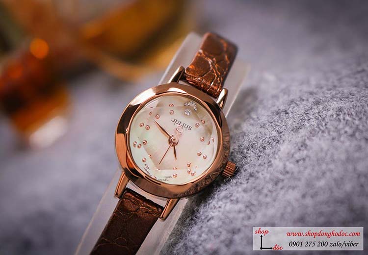 Đồng hồ nữ Hàn Quốc Julius JA 482B dây da mặt tròn size nhỏ nâu tây sang chảnh ĐHĐ30802