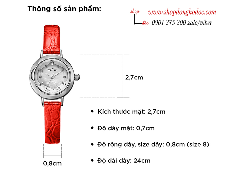 Đồng hồ nữ Hàn Quốc Julius JA 482D dây da mặt tròn size nhỏ đỏ cam nổi bật ĐHĐ30801