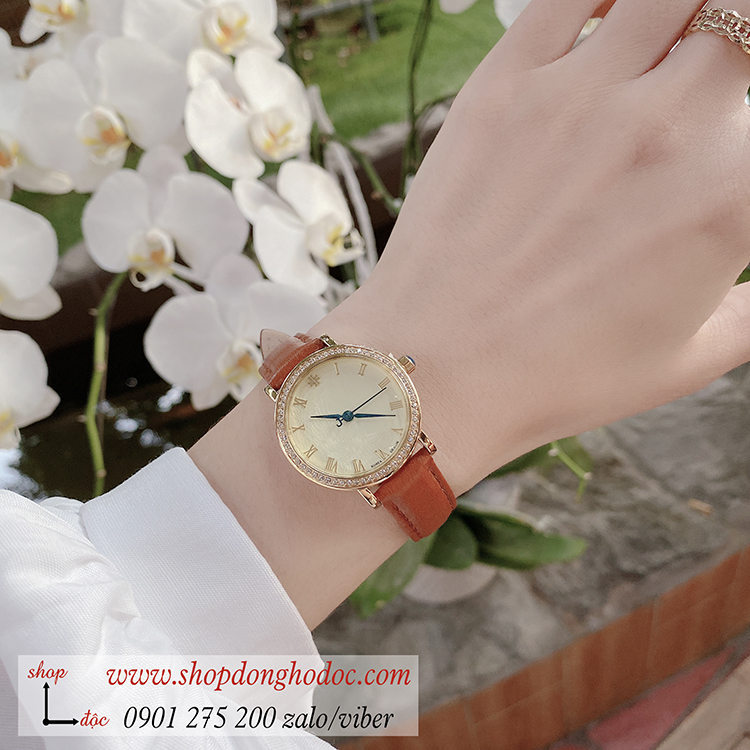 Đồng hồ nữ Julius Hàn Quốc JA 585LC dây da mặt tròn nâu đính đá sang chảnh ĐHĐ31801