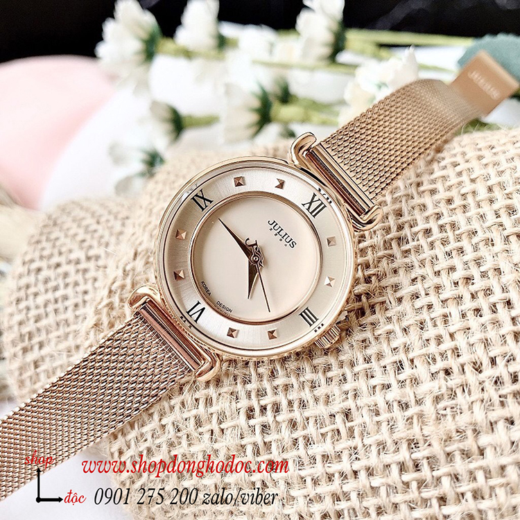 Đồng hồ nữ dây kim loại lưới mặt tròn vàng hồng nhẹ nhàng Julius 728 ĐHĐ24003