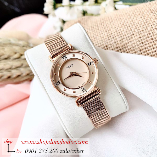 Đồng hồ nữ dây kim loại lưới mặt tròn vàng hồng nhẹ nhàng Julius 728 ĐHĐ24003