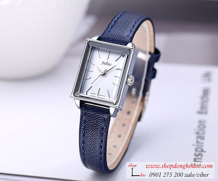 Đồng hồ nữ Julius JA 787A dây da mặt chữ nhật size nhỏ xanh đen cá tính ĐHĐ24101
