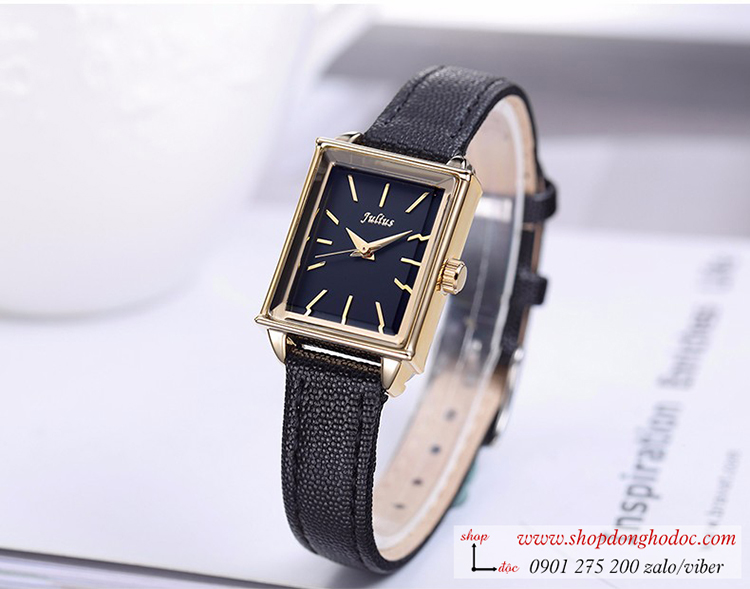 Đồng hồ nữ Julius JA 787B dây da mặt chữ nhật size nhỏ đen thanh lịch ĐHĐ24102