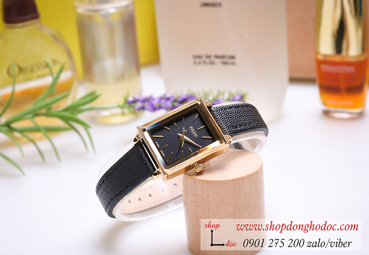 Đồng hồ nữ Julius JA 787B dây da mặt chữ nhật size nhỏ đen thanh lịch ĐHĐ24102