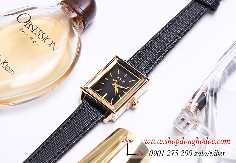 Đồng hồ nữ Julius JA 787B dây da mặt chữ nhật size nhỏ đen thanh lịch ĐHĐ24102