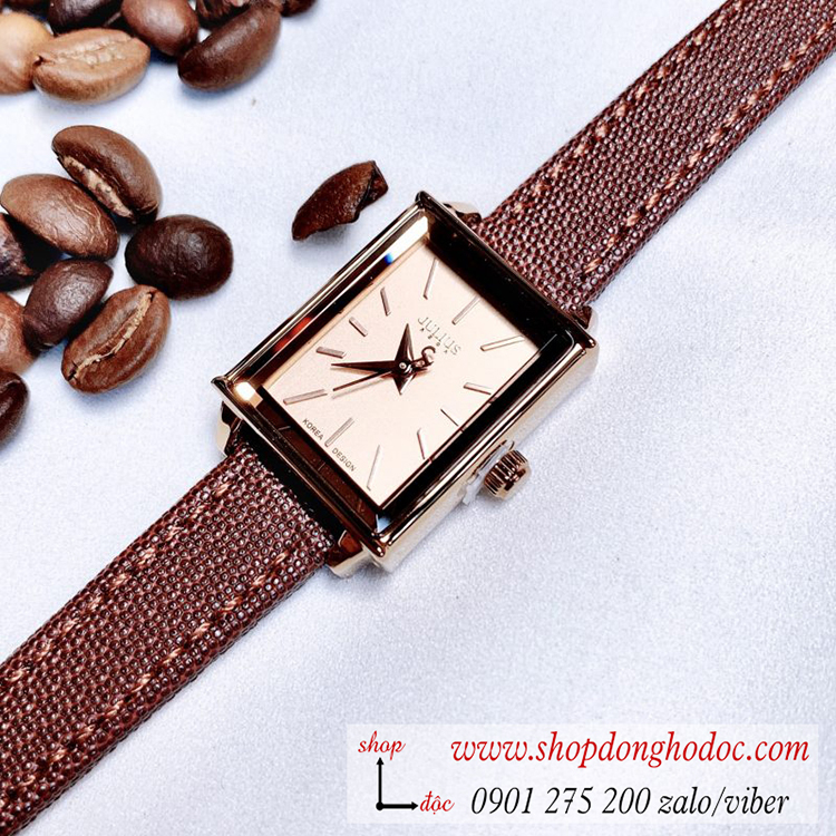 Đồng hồ nữ Julius JA 787E dây da mặt chữ nhật size nhỏ màu nâu tây thời thượng ĐHĐ24104