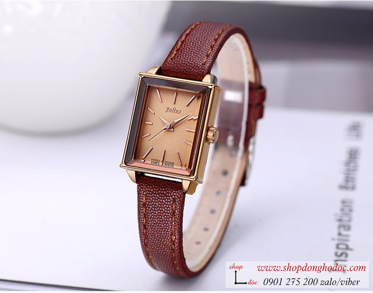 Đồng hồ nữ Julius JA 787E dây da mặt chữ nhật size nhỏ màu nâu tây thời thượng ĐHĐ24104