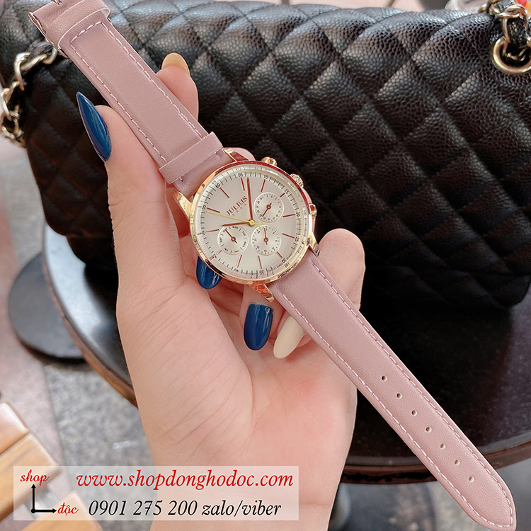 Đồng hồ nữ Julius Hàn Quốc JA 862C1 dây da mặt tròn size to 6 kim hồng pastel ĐHĐ32301