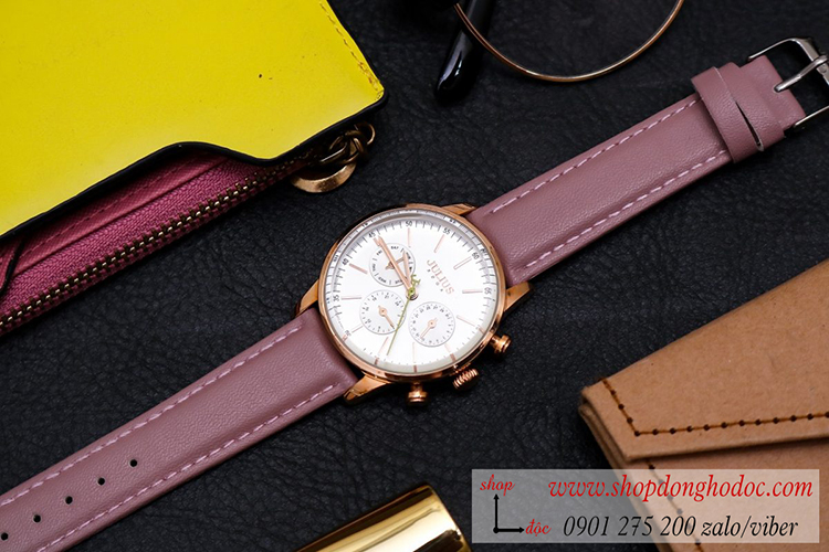 Đồng hồ nữ Julius Hàn Quốc JA 862C1 dây da mặt tròn size to 6 kim hồng pastel ĐHĐ32301