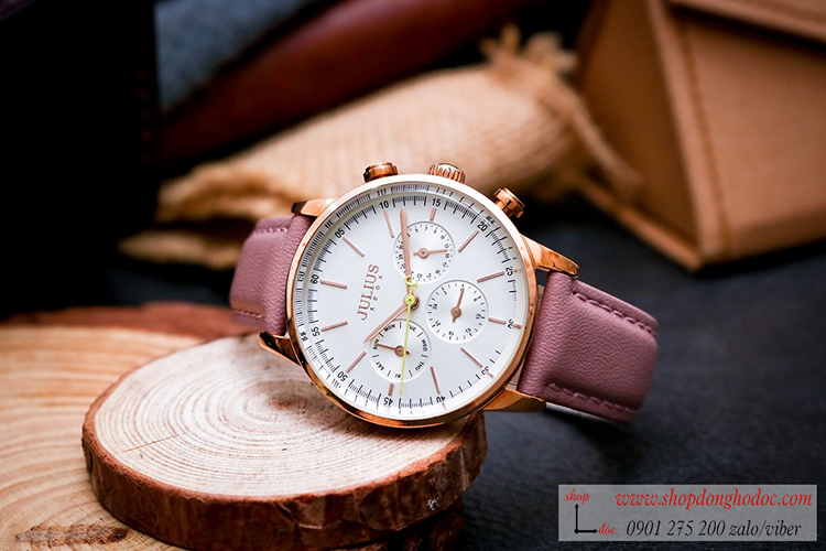 Đồng hồ nữ Julius Hàn Quốc JA 862C1 dây da mặt tròn size to 6 kim hồng pastel ĐHĐ32301