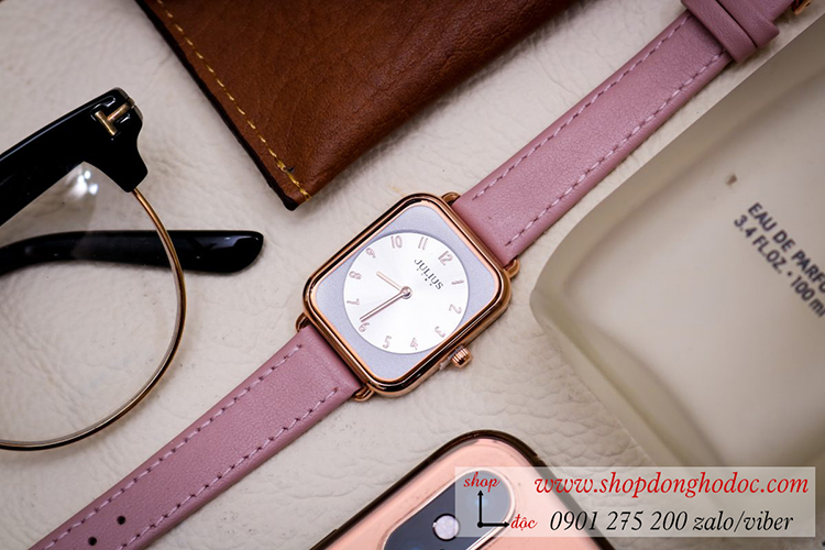 Đồng hồ nữ Julius Hàn Quốc JS 050A kính Sapphire dây da mặt chữ nhật hồng Pastel dịu dàngĐHĐ32603
