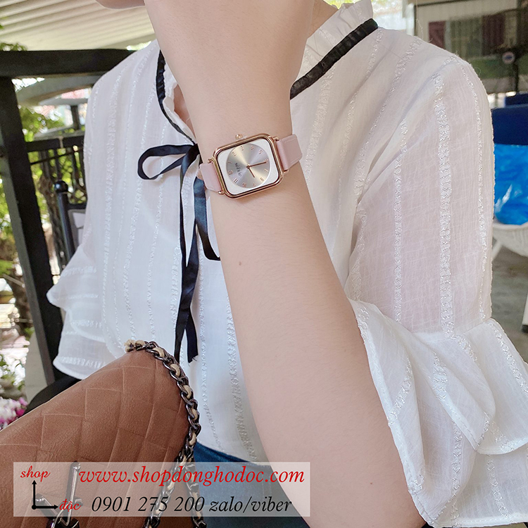 Đồng hồ nữ Julius Hàn Quốc JS 050A kính Sapphire dây da mặt chữ nhật hồng Pastel dịu dàngĐHĐ32603