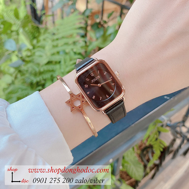 Đồng hồ nữ Julius Hàn Quốc JS 050B kính Sapphire dây da mặt chữ nhật đen cá tính ĐHĐ32602