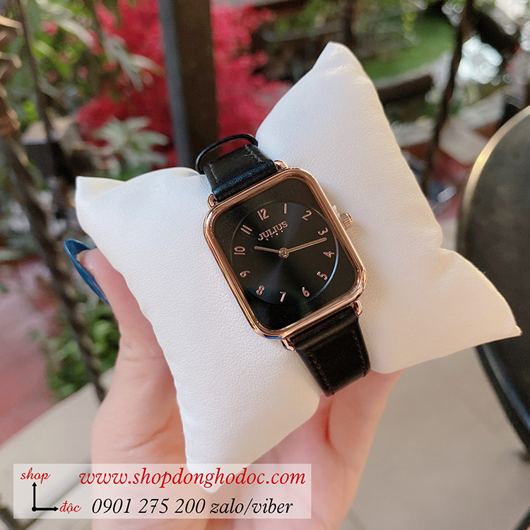 Đồng hồ nữ Julius Hàn Quốc JS 050B kính Sapphire dây da mặt chữ nhật đen cá tính ĐHĐ32602