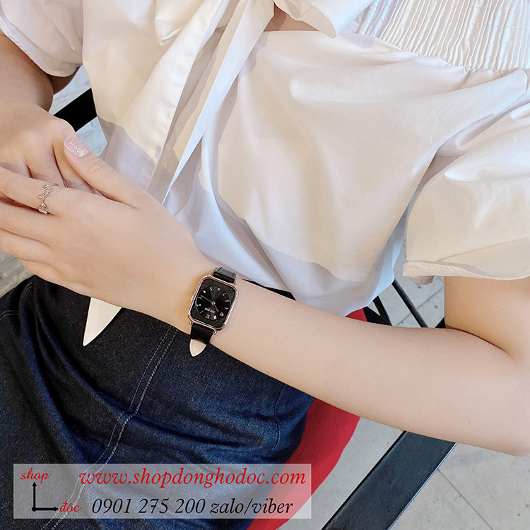 Đồng hồ nữ Julius Hàn Quốc JS 050B kính Sapphire dây da mặt chữ nhật đen cá tính ĐHĐ32602