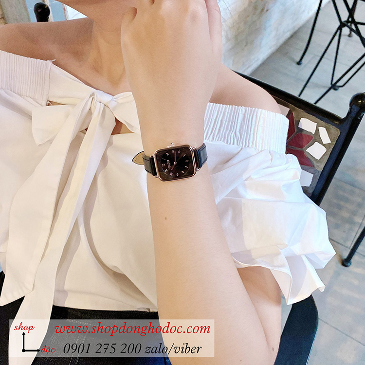 Đồng hồ nữ Julius Hàn Quốc JS 050B kính Sapphire dây da mặt chữ nhật đen cá tính ĐHĐ32602