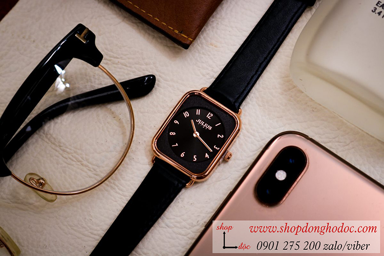 Đồng hồ nữ Julius Hàn Quốc JS 050B kính Sapphire dây da mặt chữ nhật đen cá tính ĐHĐ32602