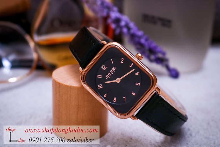 Đồng hồ nữ Julius Hàn Quốc JS 050B kính Sapphire dây da mặt chữ nhật đen cá tính ĐHĐ32602