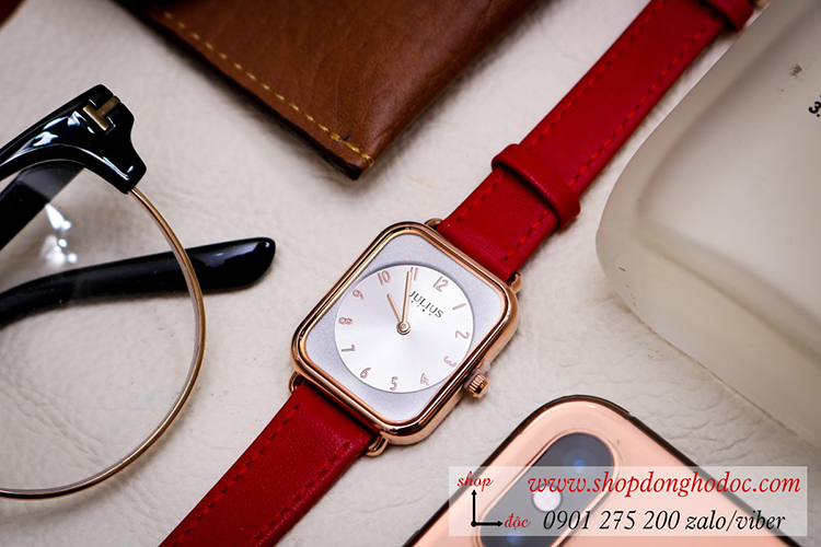 Đồng hồ nữ Julius Hàn Quốc JS 050C kính Sapphire dây da mặt chữ nhật đỏ quyến rũ ĐHĐ32601