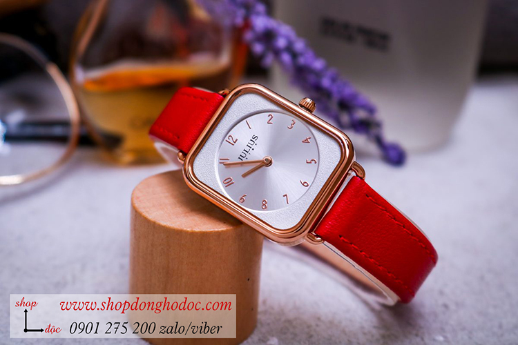 Đồng hồ nữ Julius Hàn Quốc JS 050C kính Sapphire dây da mặt chữ nhật đỏ quyến rũ ĐHĐ32601
