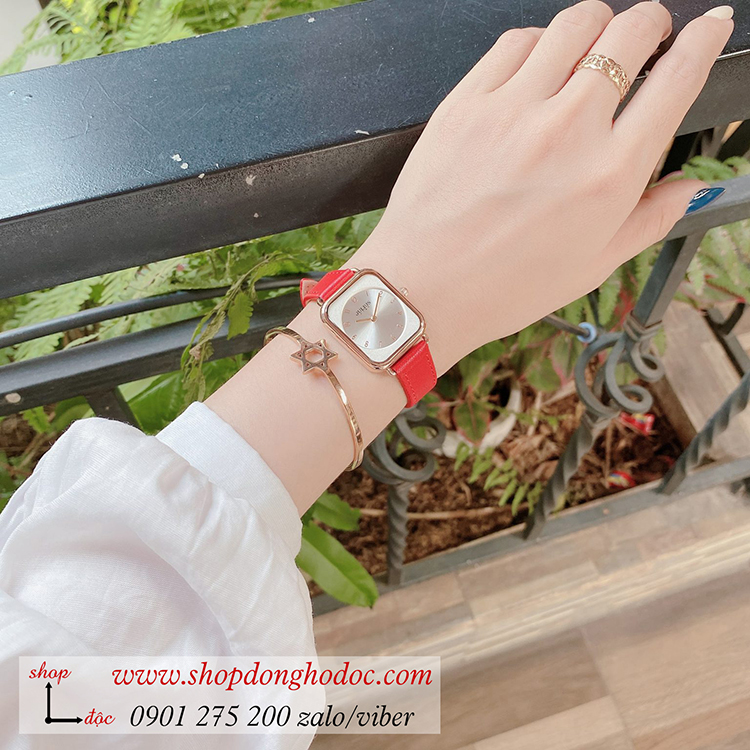 Đồng hồ nữ Julius Hàn Quốc JS 050C kính Sapphire dây da mặt chữ nhật đỏ quyến rũ ĐHĐ32601