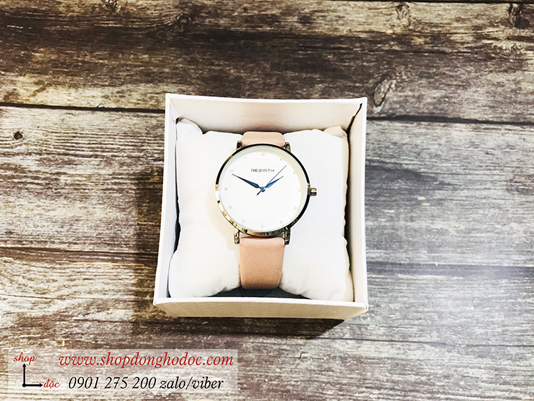 Đồng hồ nữ dây da mặt tròn hồng pastel nhẹ nhàng Rebirth ĐHĐ21504
