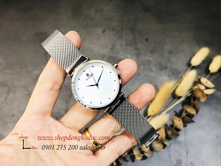 Đồng hồ nữ Reward dây kim loại lưới mặt tròn bạc hiện đại ĐHĐ17301