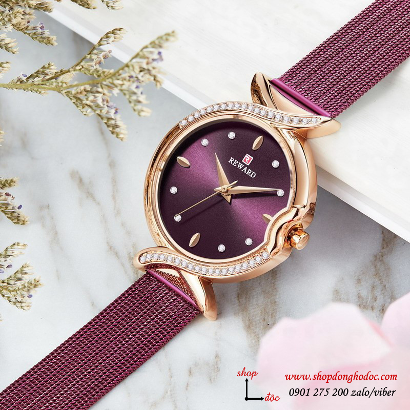 Đồng hồ nữ dây kim loại lưới mặt tròn tím thời thượng Reward ĐHĐ17504