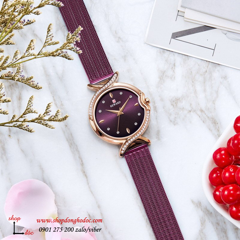 Đồng hồ nữ dây kim loại lưới mặt tròn tím thời thượng Reward ĐHĐ17504