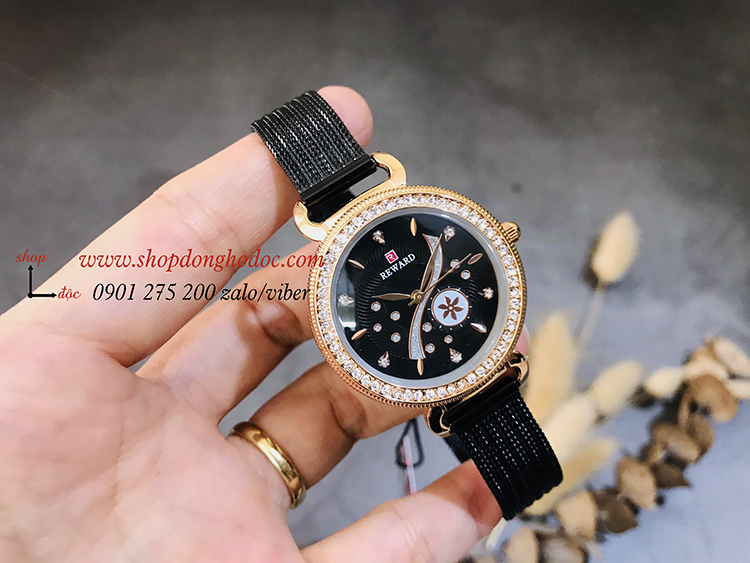 Đồng hồ nữ dây kim loại lưới mặt tròn đen cá tính Reward ĐHĐ17701
