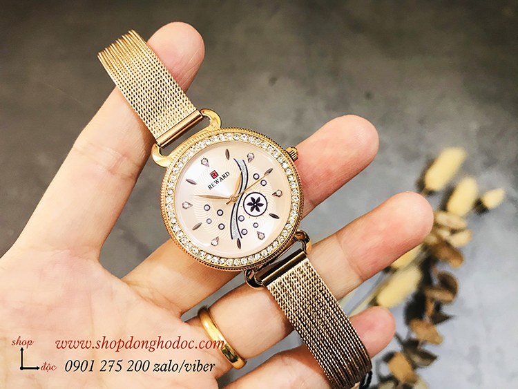 Đồng hồ nữ dây kim loại lưới mặt tròn vàng sang chảnh Reward ĐHĐ17702