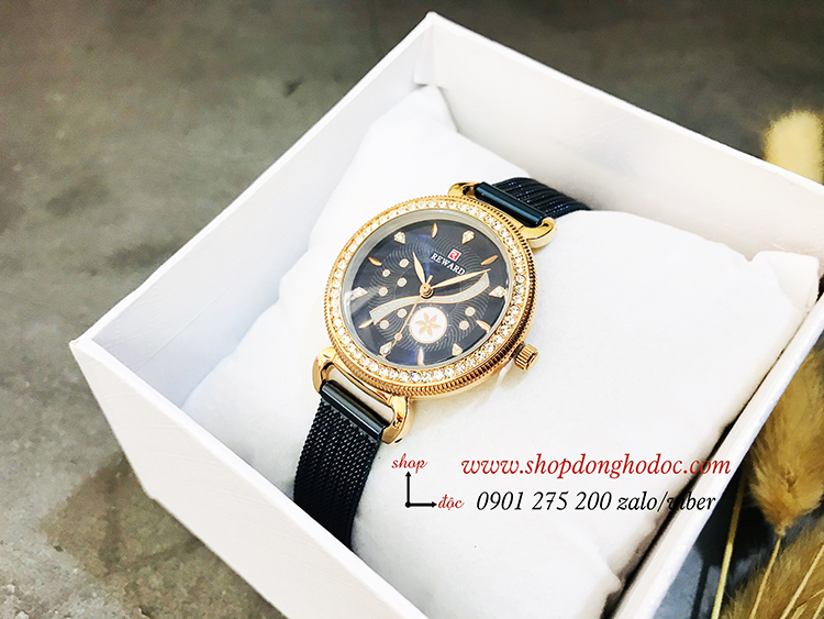 Đồng hồ nữ dây kim loại lưới mặt tròn xanh dương thời thượng Reward ĐHĐ17703
