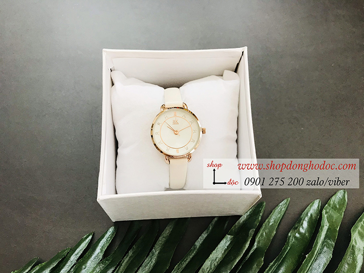 Đồng hồ Sk nữ dây da mặt tròn trắng sang chảnh ĐHĐ19303