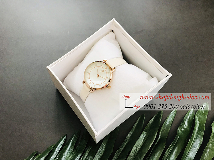 Đồng hồ Sk nữ dây da mặt tròn trắng sang chảnh ĐHĐ19303