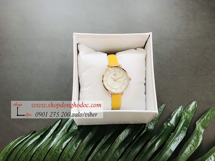 Đồng hồ Sk nữ dây da mặt tròn vàng pastel thời thượng ĐHĐ19301