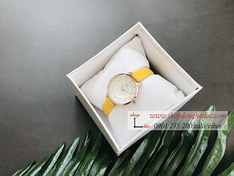 Đồng hồ Sk nữ dây da mặt tròn vàng pastel thời thượng ĐHĐ19301