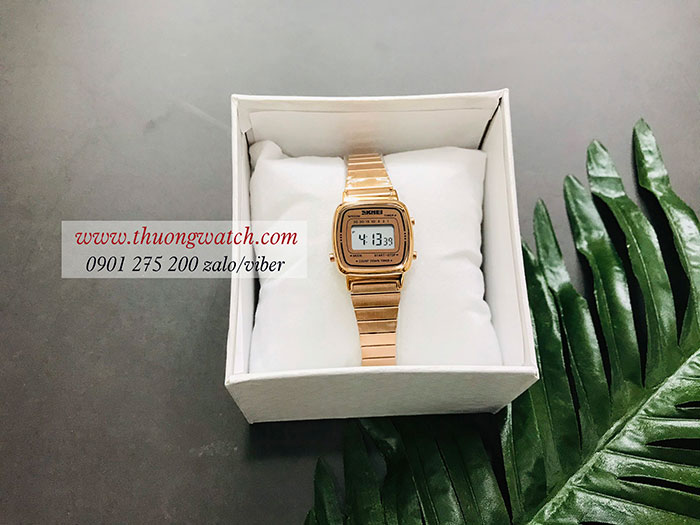 Đồng hồ nữ Skmei dây kim loại mặt vuông size nhỏ vàng hồng sang chảnh ĐHĐ25603