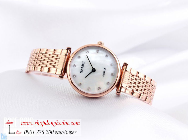 Đồng hồ nữ Skmei dây kim loại vàng mặt tròn khảm trai đẹp ĐHĐ26302
